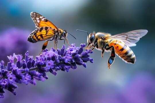 Butterflies and bees sharing a flower, a delicate balance of pollinators in a vibrant garden