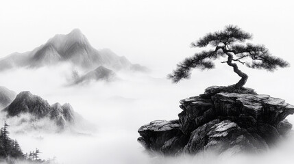Rocks and pine trees, black and white illustration, Chinese painting