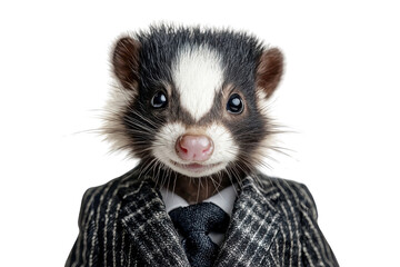 Fototapeta premium A skunk dressed in a suit, isolate on white background, presenting a whimsical and charming appearance for special occasions. PNG