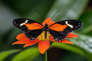 Obraz premium Close-up of a butterfly resting on a vibrant flower, with intricate wing patterns and vivid colors