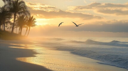Two seagulls fly over a calm beach with palm trees in the foreground and golden light from the rising sun over the ocean.