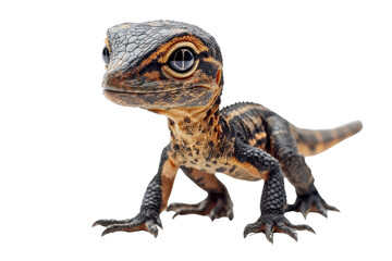 Obraz premium A baby Velociraptor, isolate on white background, displaying its cute features and small stature. PNG