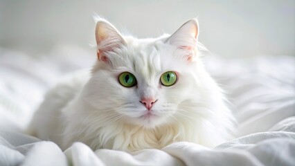 A white cat with piercing green eyes stares intently at the camera, its soft fur blending seamlessly with the crisp white bedding, creating a serene and inviting atmosphere.