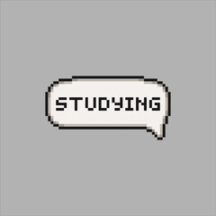 Studying, dialogue cloud letters, pixel art