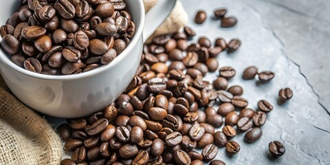 Fototapeta premium Coffee beans in a cup placed on a wooden table, showcasing a rich, aromatic blend ready for brewing.
