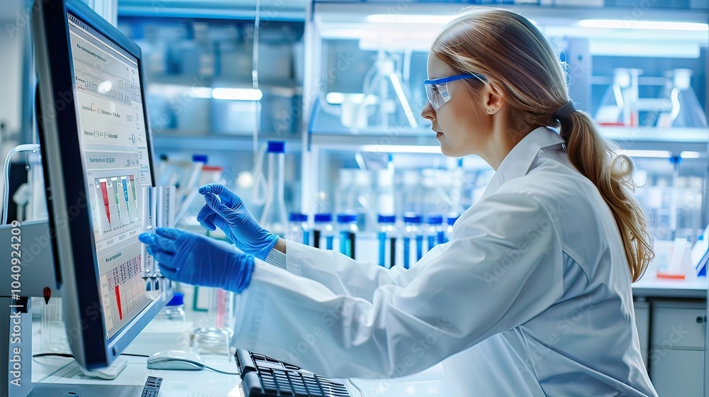 Aufkleber a woman examining the results of a scientific experiment on a computer screen in a bright lab enviro