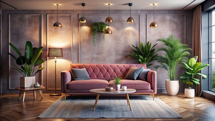 Fototapeta premium Scandinavian design meets plush comfort with a pink velvet sofa amidst greenery.