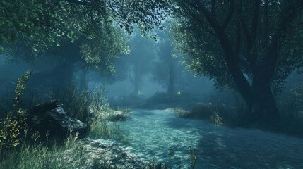 Fototapeta premium Misty Lush Forest with Blue Green Trees
