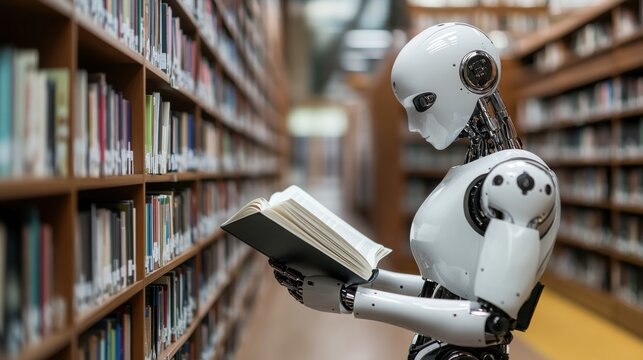A humanoid robot with a soft, humanoid expression, reading a book in a quiet and modern library with rows of bookshelves