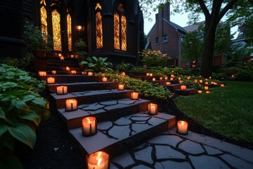 Gothic garden lit by soft pink lanterns, with a mix of dark shadows and warm pink glows creating a mysterious atmosphere