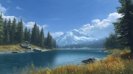 Fototapeta premium Tranquil Mountain Lake Under Clear Blue Sky