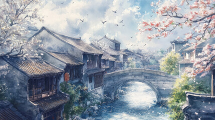 Fototapeta premium Chinese ancient town, river and residential buildings, illustration