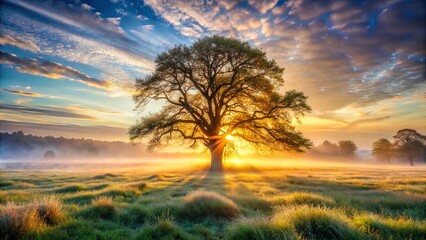 Fototapeta premium A solitary tree stands tall against the golden light of dawn, its branches reaching towards a sky filled with vibrant clouds, a symphony of colors painting the horizon.