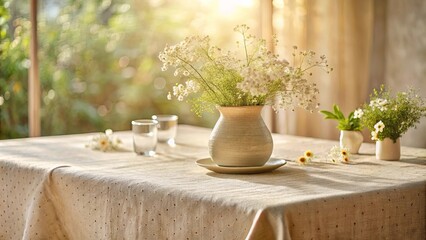 A simple arrangement of white flowers in a ceramic vase on a rustic linen tablecloth, bathed in soft sunlight streaming through a window.