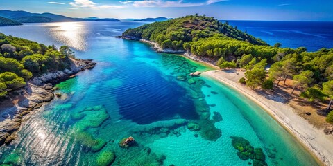 Aerial View of a Pristine Coastal Cove with Lush Greenery, Crystal Clear Waters, and a Sandy Beach