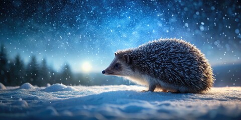 Obraz premium Hedgehog Silhouette in Snowy Landscape, Winter Scene, Nighttime Photography, Animal Silhouette, Snowy Forest, Nature Photography, Winter Wildlife