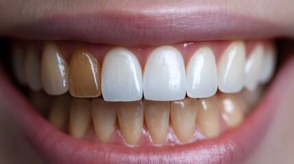 Time-lapse video of tooth whitening treatment, with gradual brightening of teeth, showing close-up progress across sessions, Realistic, Bright and Clear