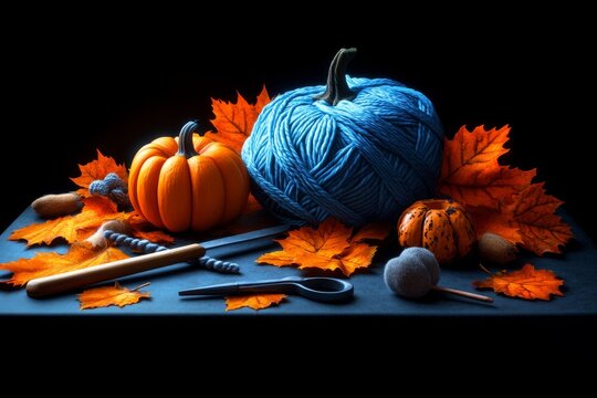 Hyper-realistic autumn craft scene, with incredibly detailed textures of yarn, leaves, and wooden tools spread on a table