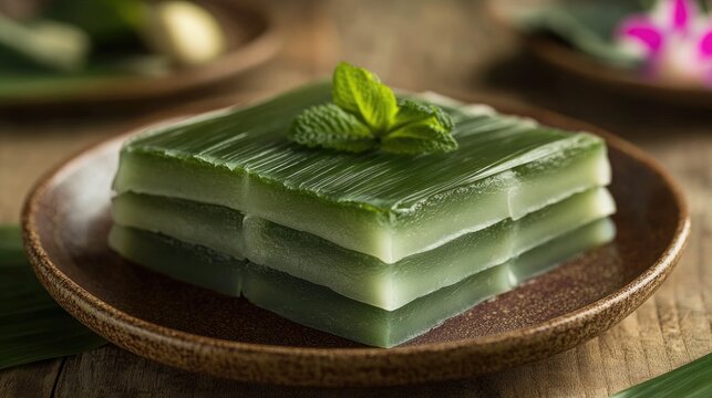 Green Khanom Chan on Ceramic Plate Close-Up