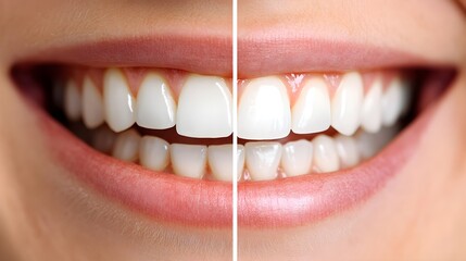 Visual comparison of teeth whitening results, with before-and-after images of a patient's smile, showing the improvement in tooth shade, Clean and Minimalistic, Realistic