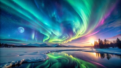 Celestial Symphony A Serene Winter Landscape Illuminated by the Aurora Borealis, Reflected in a Frozen Lake