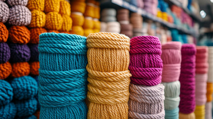 vendor selling colorful ropes in various hues. The ropes symbolize unity, strength, and diversity, while the blur adds a sense of motion and activity