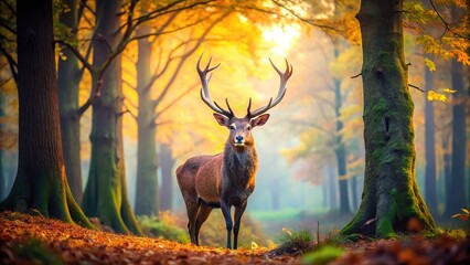 Stag's silhouette blends seamlessly with iridescent forest, revealing its wild essence.