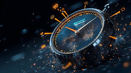A sleek and modern stylized glowing mesh clock with its hands pointing to various success milestones representing the concept of time management goal setting and achieving important objectives