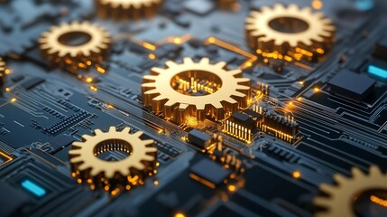 Golden gears integrated with circuitry, glowing connections highlighting the synergy between technology and business processes, futuristic and dynamic visualization