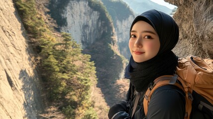 Woman in Hijab with Backpack Smiles in Mountainous Landscape