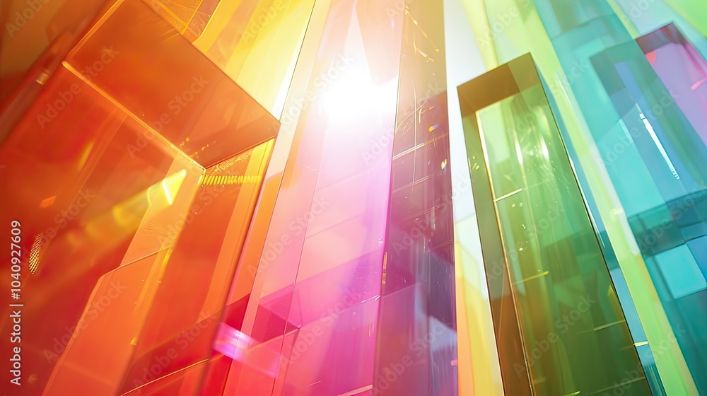 Poster a burst of colorful light filtering through a prism-like glass structure.