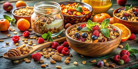 Fototapeta premium A symphony of textures and flavors crunchy granola, juicy berries, and sweet nuts, harmoniously arranged on a rustic wooden surface.