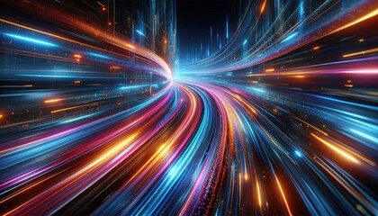 Obraz premium Dynamic Neon Light Streaks in a Futuristic Cyberpunk Setting: High-Resolution Artwork Featuring Vibrant Electric Blue, Neon Orange, and Magenta Colors with Realistic Motion Blur