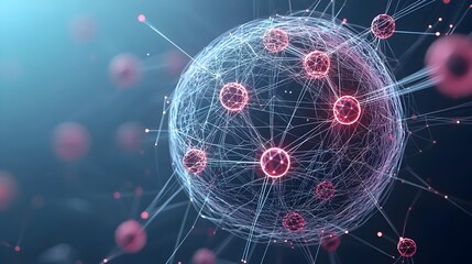 Obraz premium Captivating abstract digital artwork depicting a glowing mesh sphere with interconnected nodes and luminous lines creating a futuristic and technological visual experience