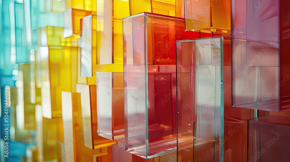 Poster layered colored glass creating depth and complexity in an abstract form.