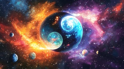 Obraz premium Conceptual of a Yin Yang symbol spinning and rotating in a cosmic galaxy filled with stars planets and celestial bodies The duality and balance of light and dark positive and negative