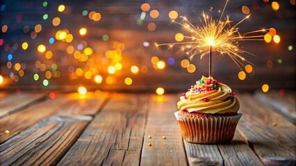 Sparkling Celebration A Single Cupcake Adorned with a Festive Sparkler, Glowing Against a Warm Background of Festive Lights on a Wooden Table