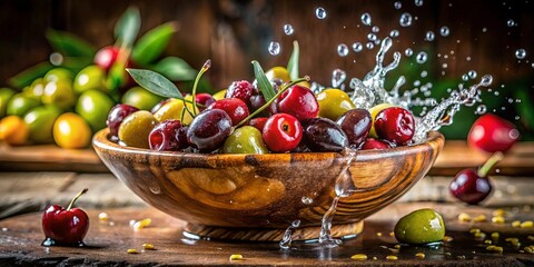 A Splash of Refreshment Juicy Cherries and Olives in a Wooden Bowl with Water Droplets