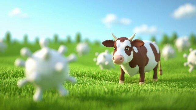 Cartoon cow in field with virus particles, cowpox concept A 3D cartoon cow standing in a green field surrounded by floating virus-like particles, symbolizing the concept of cowpox or zoonotic diseases