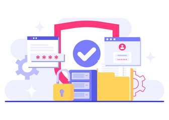 Database protection, Cyber security, Data Center, File management, cloud storage, Privacy data protection flat illustration for landing page, mobile app, poster, flyer, web banner, infographic