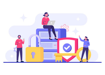 Database protection, Cyber security, Data Center, File management, cloud storage, Privacy data protection flat illustration for landing page, mobile app, poster, flyer, web banner, infographic