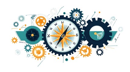 Pathway to Success Compass and Gears Symbolize Guided Planning and Execution Illustrating a Detailed Strategy for Achieving Goals and Reaching Desired Outcomes