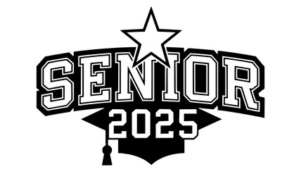 2025 Senior Graduation Cap Graphic Design, Bold black-and-white graphic featuring a graduation cap with "2025 Senior" text, symbolizing the class of 2025 and graduation milestones.

