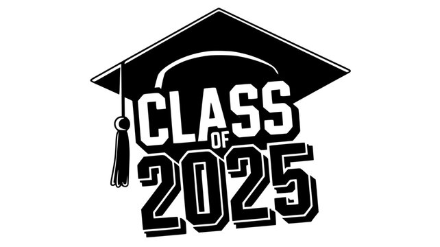 2025 Senior Graduation Cap Graphic Design, Bold black-and-white graphic featuring a graduation cap with "2025 Senior" text, symbolizing the class of 2025 and graduation milestones.


