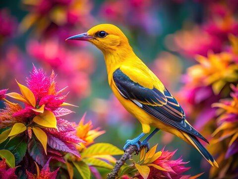 The shimmering oriole, an illusion against a dream bush.