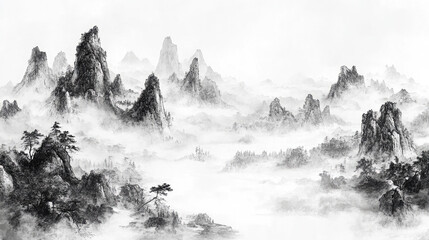 Obraz premium Chinese style black and white landscape painting