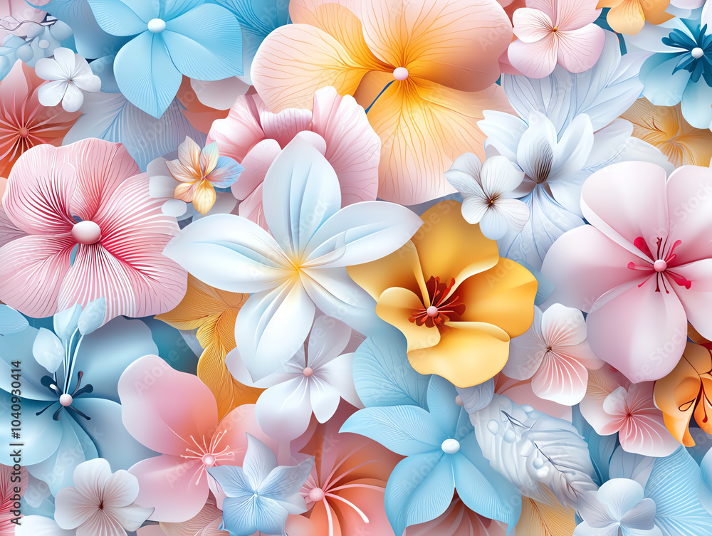 Poster digital rendering of seamless floral patterns for interior design and textile applications