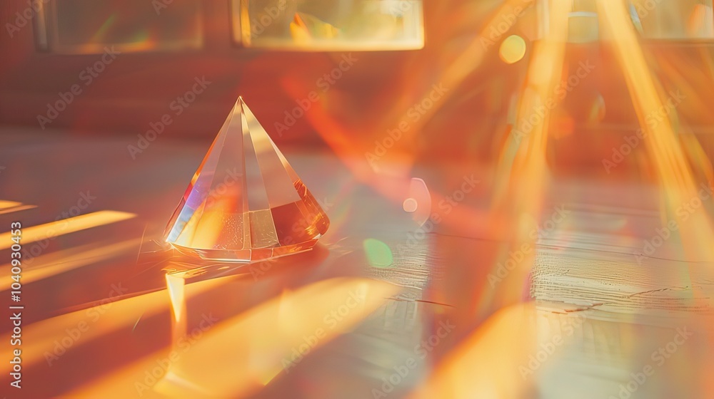 Poster a soft-focus image of a prism in natural light, with colorful rays illuminating the surrounding area