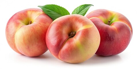 Three plump Chinese flat donut peaches bask in the light, their wrinkled surface and accompanying leaf a study in texture and form.