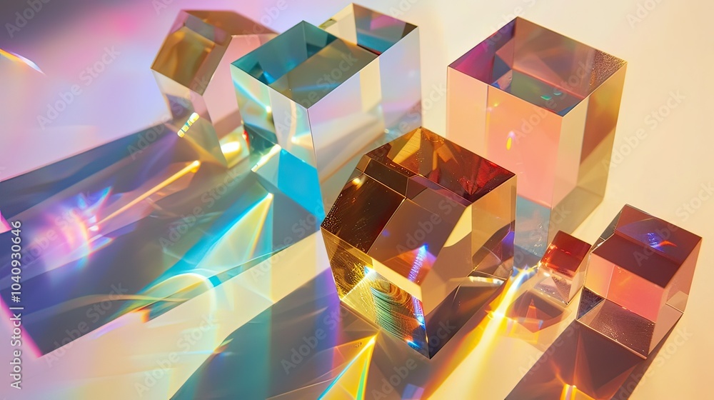 Poster a creative composition featuring multiple prisms reflecting different colors against a bright backgr